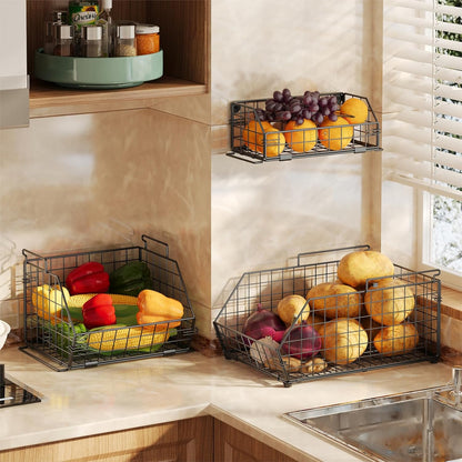 3-Tier Fruit Basket for Kitchen Counter, Stackable Wire Baskets Wall, Potato and Onion Storage Bins, Pantry Organizers, Pantry Storge and Storage for Potato, Onion, Produce, Fruit, Vegetable, Snack