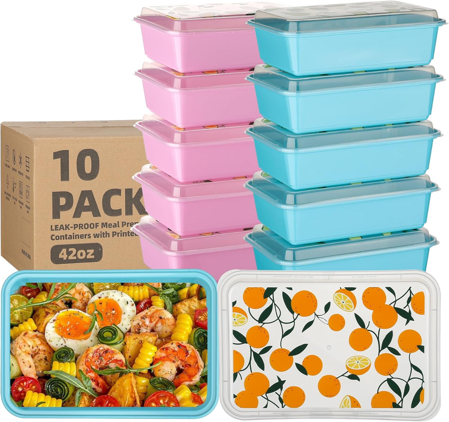 10 Pack 42 oz Meal Prep Containers, Reusable Plastic Food Prep Storage Containers with Printed Lids, Stackable, Leakproof, Microwave & Freezer & Dishwasher Safe,To Go Take Out Box, Avocado