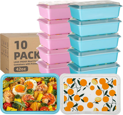 10 Pack 42 oz Meal Prep Containers, Reusable Plastic Food Prep Storage Containers with Printed Lids, Stackable, Leakproof, Microwave & Freezer & Dishwasher Safe,To Go Take Out Box, Avocado