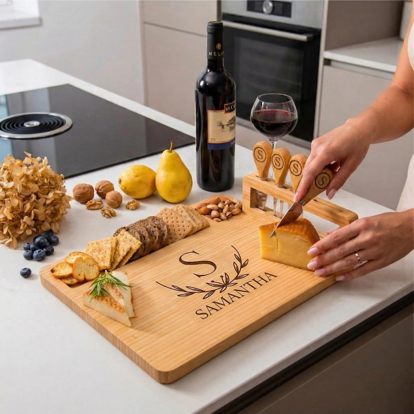 Personalized Bamboo Charcuterie Board Set with Accessories – Custom Large Serving Tray with Knives for Wedding, Anniversary, Bridal Shower, Women, Housewarming, Engagement, Couples, Mother’s Day Gifts