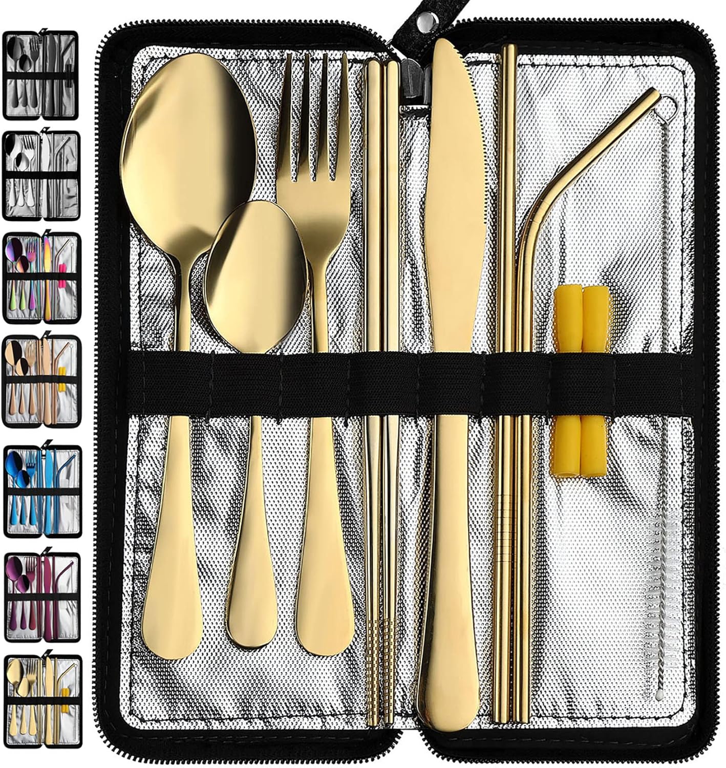 VANDBAO Camping Utensils Set, Portable Travel Utensils with Case for Fixing Tableware, Reusable Stainless Steel Stable Cutlery Set, Lunch Picnic Flatware Silverware (Rainbow Set)