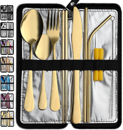 VANDBAO Camping Utensils Set, Portable Travel Utensils with Case for Fixing Tableware, Reusable Stainless Steel Stable Cutlery Set, Lunch Picnic Flatware Silverware (Rainbow Set)
