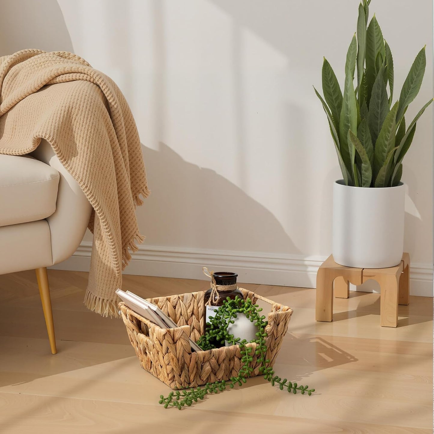 StorageWorks Water Hyacinth Baskets for Organizing with Built-in Handles, Stackable Wicker Pantry Baskets for Shelf, Pantry Organizers and Storage for Shelves,2-Pack