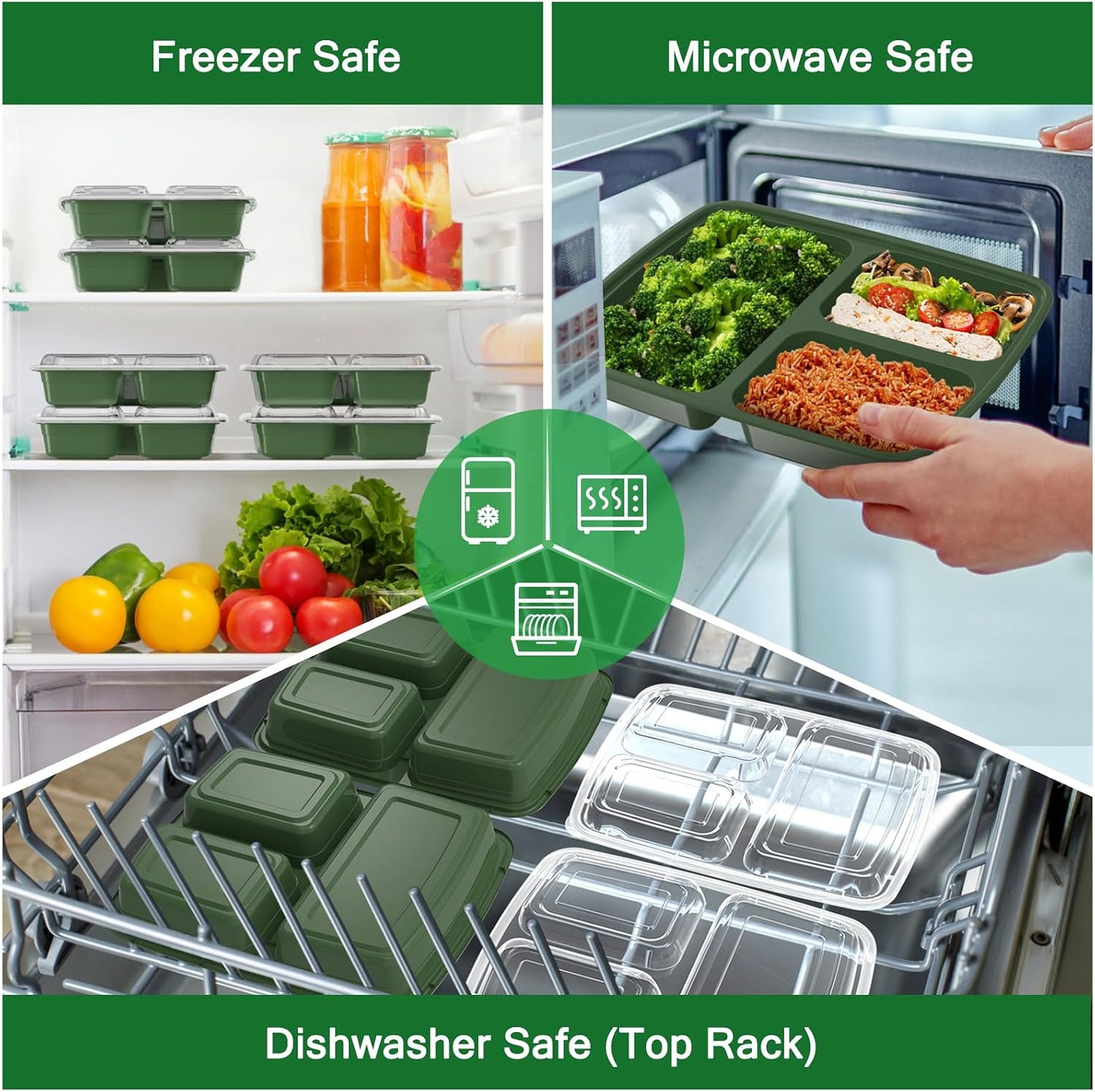50 Pack (100-Piece) 32 oz Meal Prep Containers Reusable with Lids 3-Compartment, To Go Take Out Plastic Food Storage Containers, Sturdy Leakproof Food Safe, Microwave Freezer Dishwasher Safe, Black