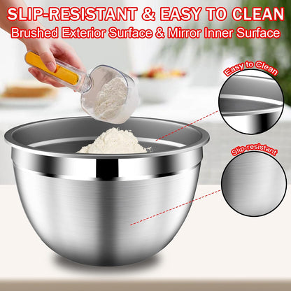 DUTZUN Mixing Bowls with Lids Set - 16pcs Stainless Steel Mixing Bowl Set with Colander, 3 Grater Attachments, Non-Slip Bottom, Metal Nesting Bowls with Strainer for Mixing & Serving - Black