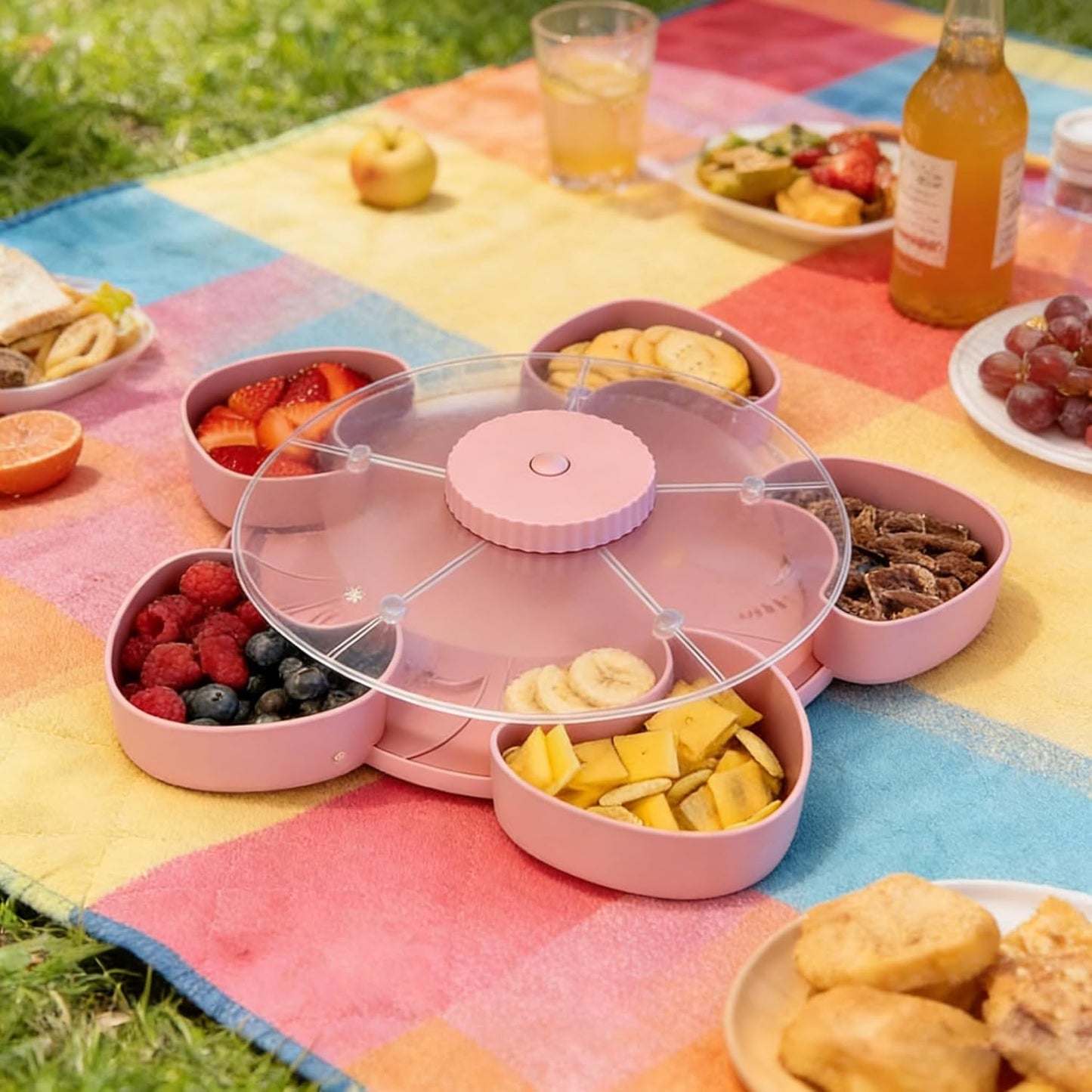 Divided Serving Tray that Spins – Perfect for Snacks, Dips & Party Appetizers with Lid, 5-Compartment Lazy Susan Organizer, Portable Veggie Platter for Party|Travel|Picnic (Blue)