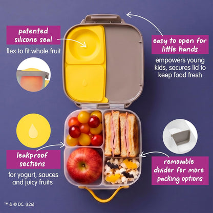 b.box Mini Lunch Box 2-Pack, Leak Proof Bento Box for Kids, 3 Compartment Snack Containers Ages 3+, Lunchbox for Daycare + School, Dishwasher Safe, BPA-Free, PFAS-Free, 4.25 Cup - Blue + Green