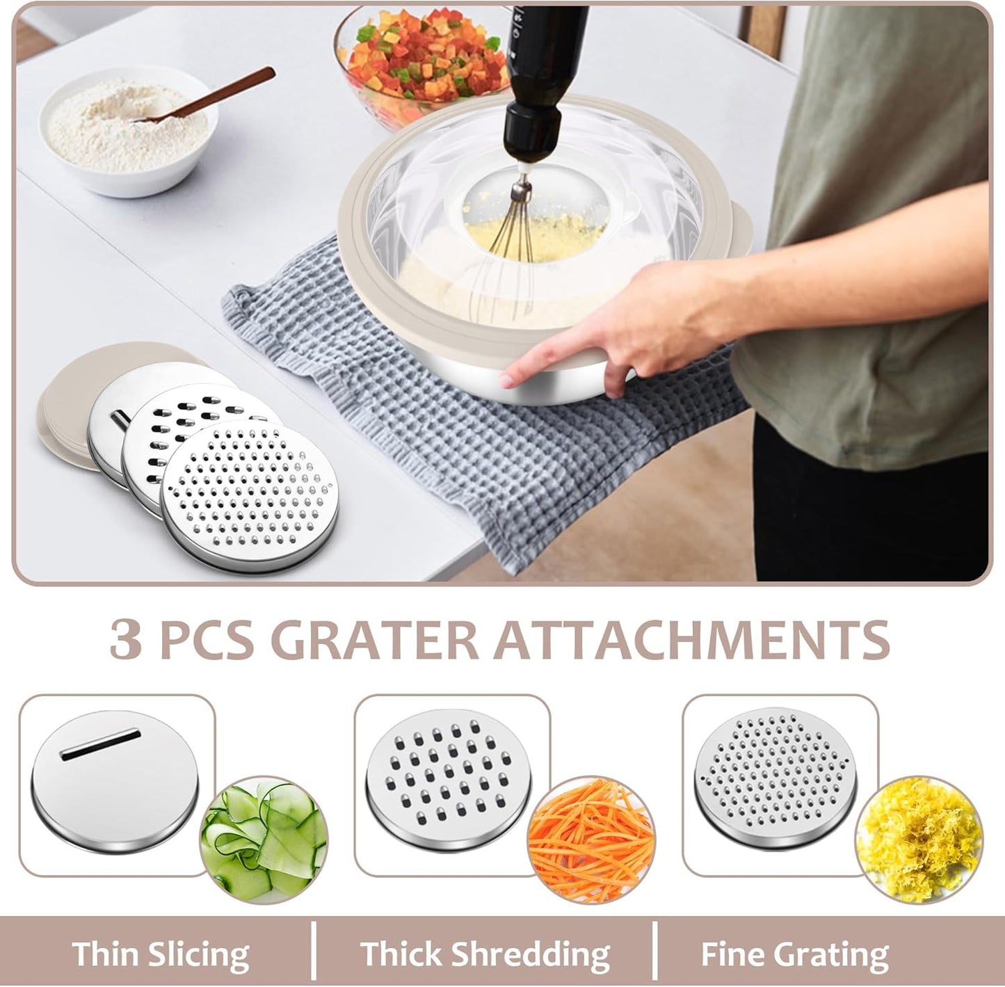 E-far Colander with Mixing Bowl Set, 4-1 Stainless Steel Colander Strainers Bowl with Graters for Kitchen, Rotatable Food Strainer Bowl for Rinsing Fruits Vegetables/Draining Pasta - Black