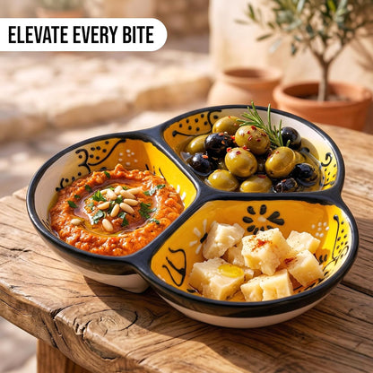 Ceramic Chip & Dip Bowl 7.5”, 3-Compartment Divided Serving Dish & Condiment Tray for Appetizers – Handmade in Spain, Lead-Free Glaze, Microwave, Oven & Dishwasher Safe