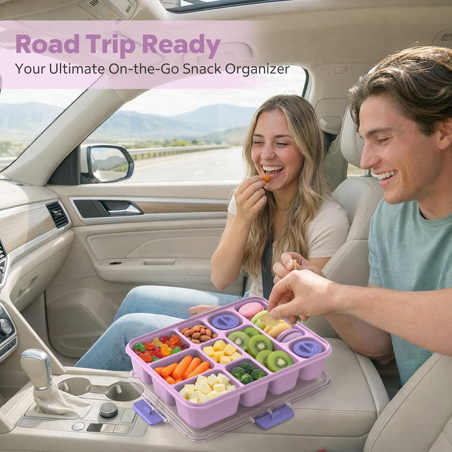 Snackle Box Container for Adults with 10 Compartment, Divided Serving Tray with Lid and Handle and 2 Sauce Containers, Portable Snack Box Container for Charcuterie Party Travel, Purple