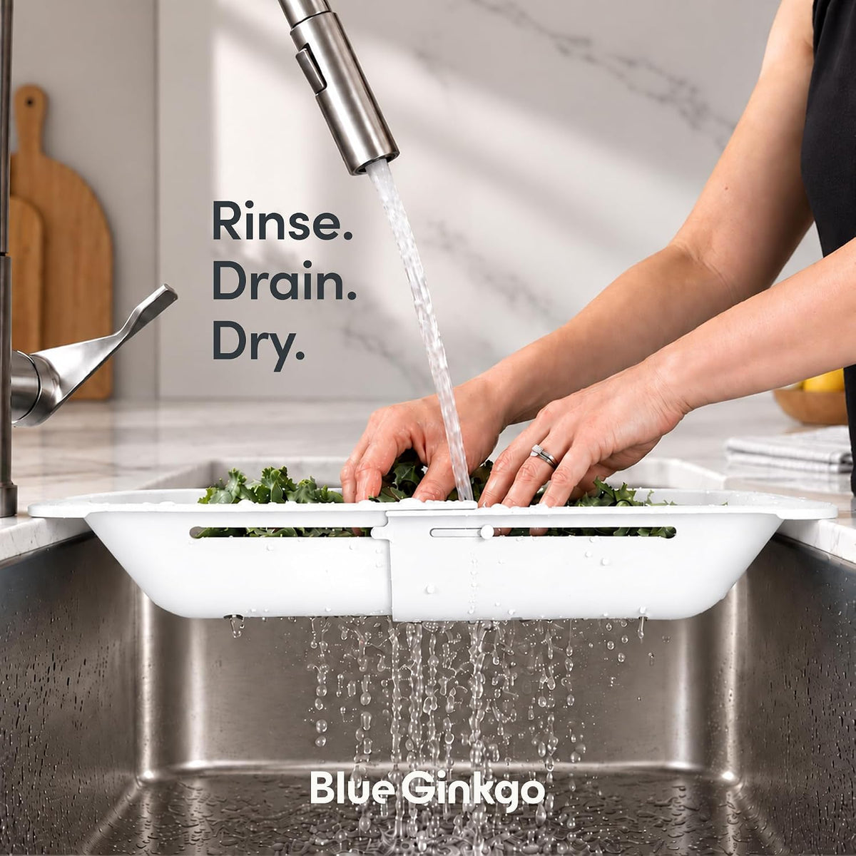 Blue Ginkgo Over Sink Colander, Extendable Kitchen Strainer, Black