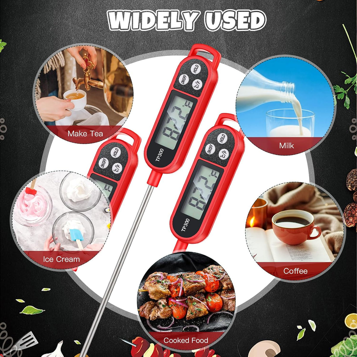 Copkim Instant Read Meat Thermometer Long Probe,Black, White, Red