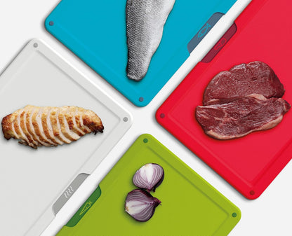 Joseph Joseph Folio Icon 4-Piece Multi Colour coded Cutting Board Set, Stainless Steel Slimline case for organized Kitchen storage, Silver