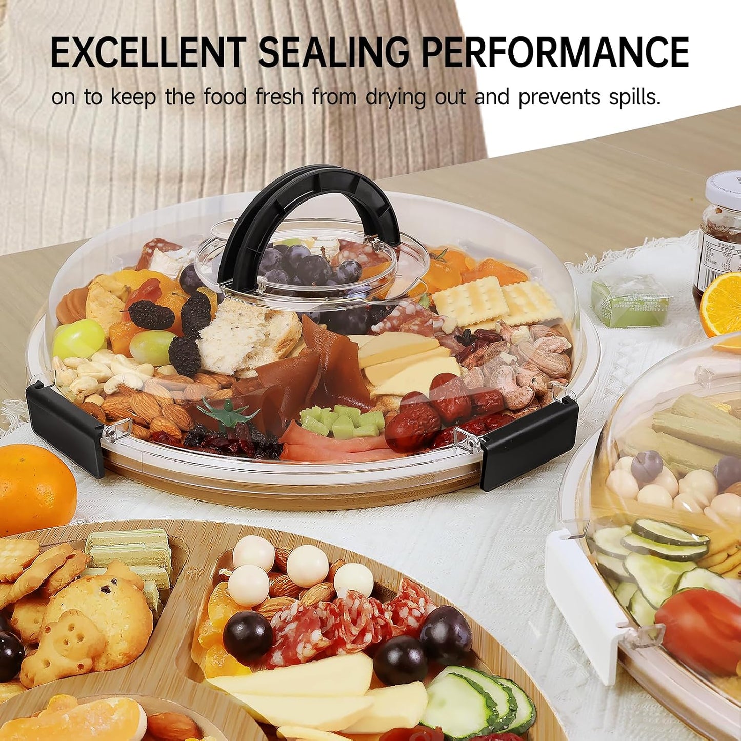 Renmxj Charcuterie Board with Clear Lid, Picnic Portable Cheese Board Charcuterie Boxes, Meat Fruit Serving Tray Platter, House Warming Gifts New Home, Gifts for Women (White, 5 Compartments)