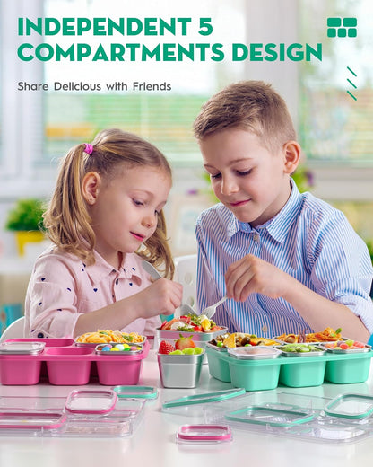 BiuLeon Snackle Box Containers, Stainless Steel 5 Compartments Divided Serving Tray with Lid, Removable LeakProof Portable Bento Box for Fruit Candy Nuts Food - School, Picnic and Travel（Blue）