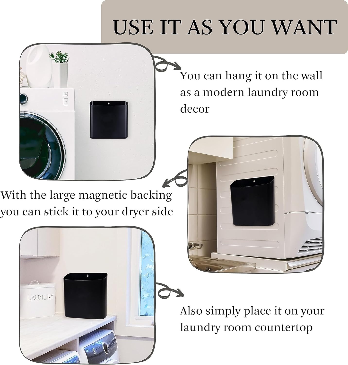 MONJITA Lint Bin for Laundry Room, Magnetic Lint Trash Can for Dryer, Modern Lint Holder, Lint Box for Laundry Room Organization, Wall Mounted Trash Can for Laundry Decor (Black)