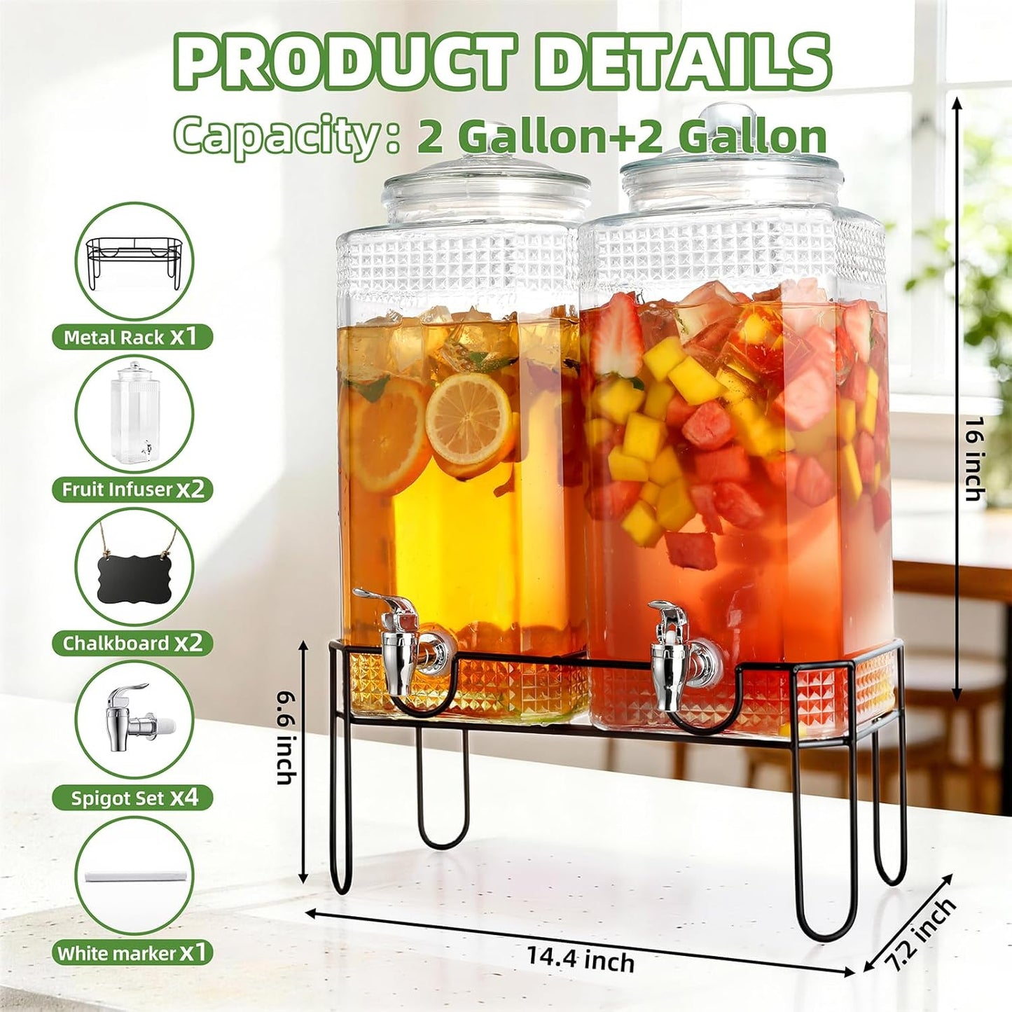 2 Gallon Glass Drink Dispensers For Parties，Lemonade Beverage Dispenser With Stand And Spigot For BBQ, Picnic, Party,Laundry Detergent Dispenser