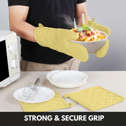 Oven Mitt (7"x13") & Pot Holder (8"x8") 100% Cotton Set of Heat Resistant Oven Gloves & Hot Pads for Gifts, BBQ, Cooking, Baking, Thanksgiving - Mustard Yellow