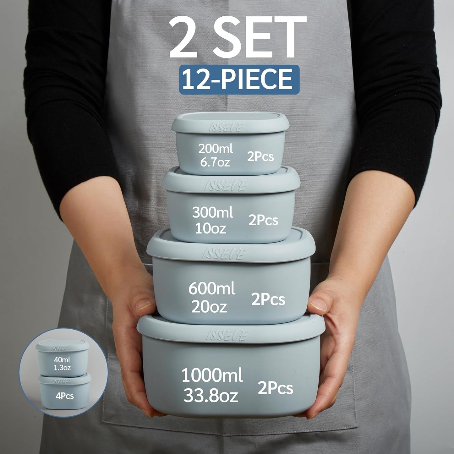 ISSEVE 12Pcs/Set Nesting Silicone Food Storage Containers with Lids, BPA Free Reusable Meal Prep Silicone Containers Airtight, Freezer Dishwasher Safe (33.8oz, 20oz, 10oz, 6.7oz, 1.3oz) (Beige)
