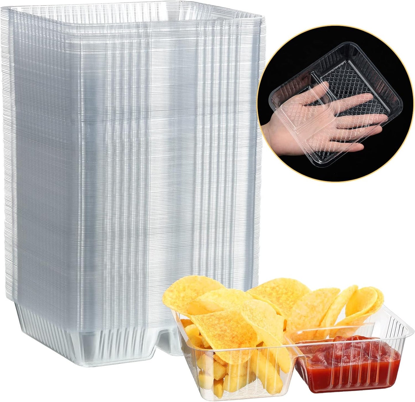 Vesici 100 Pcs 12oz Nacho Trays Disposable 2 Compartment Food Snack Tray Concession Stand Supplies Movie Night Clear Plastic Cheese Dip and Chip Holder for Candy School