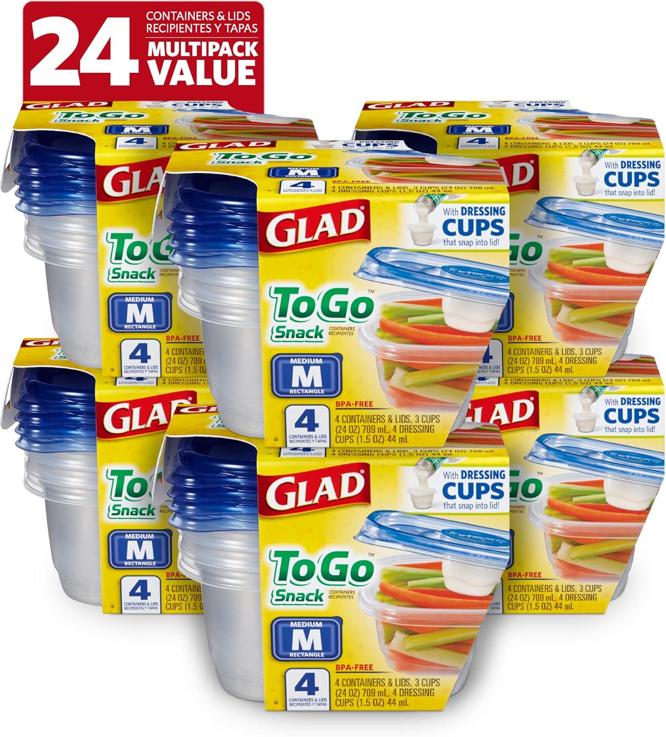 Glad GladWare To Go Snack Food Storage Containers with Lids, Medium Rectangle No BPA Plastic with Built-In Dressing Cup for Salads and Snacks, Microwave Dishwasher Safe, 24 Oz, 4 Count