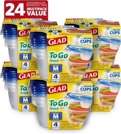 Glad GladWare To Go Snack Food Storage Containers with Lids, Medium Rectangle No BPA Plastic with Built-In Dressing Cup for Salads and Snacks, Microwave Dishwasher Safe, 24 Oz, 4 Count