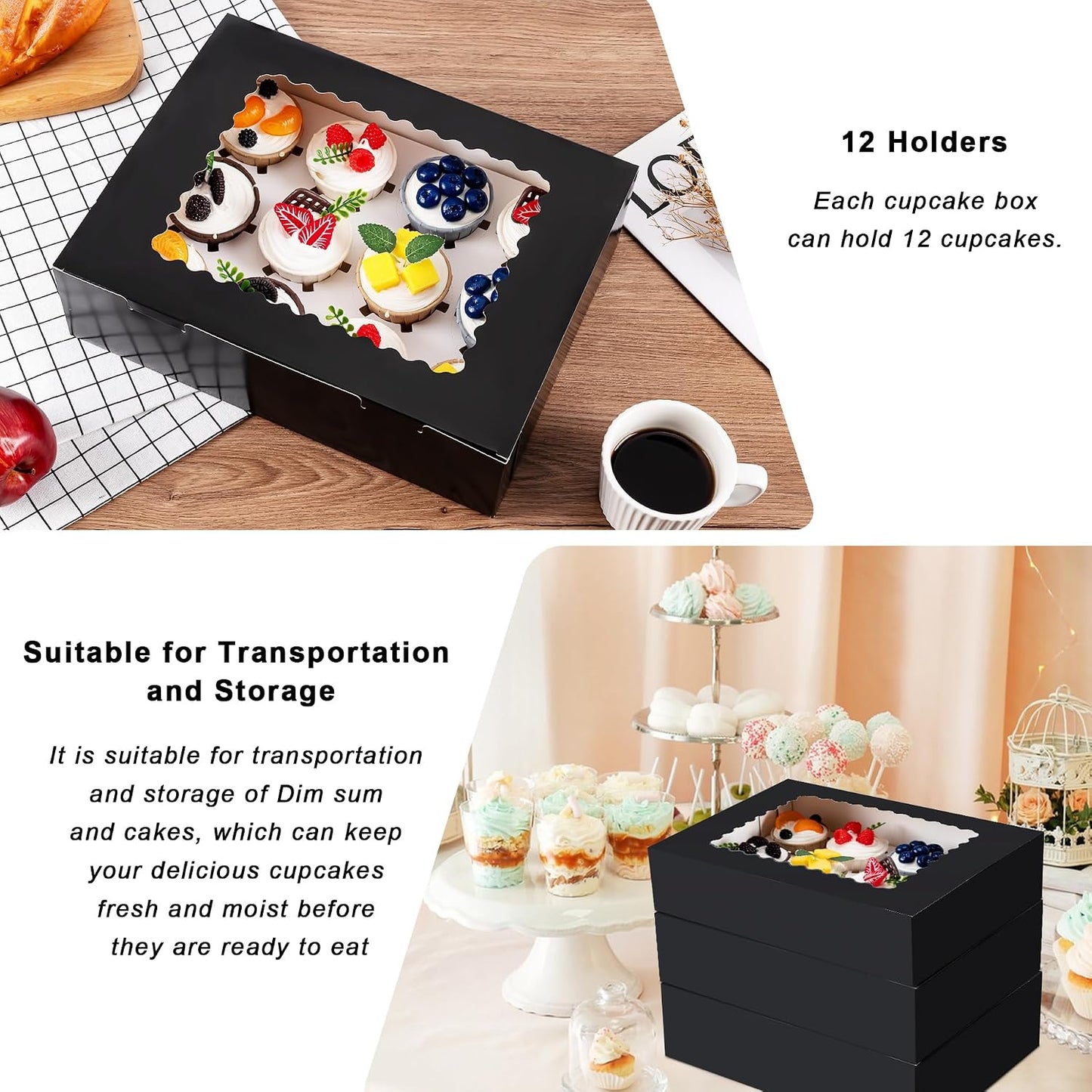 Hoewina 6PCS Cupcake Boxes - Hold 12 Count Cupcake Containers with Window, Food Grade Cupcake Holder Easy Transport and Presentation - Ideal for Cupcakes, Desserts, and More