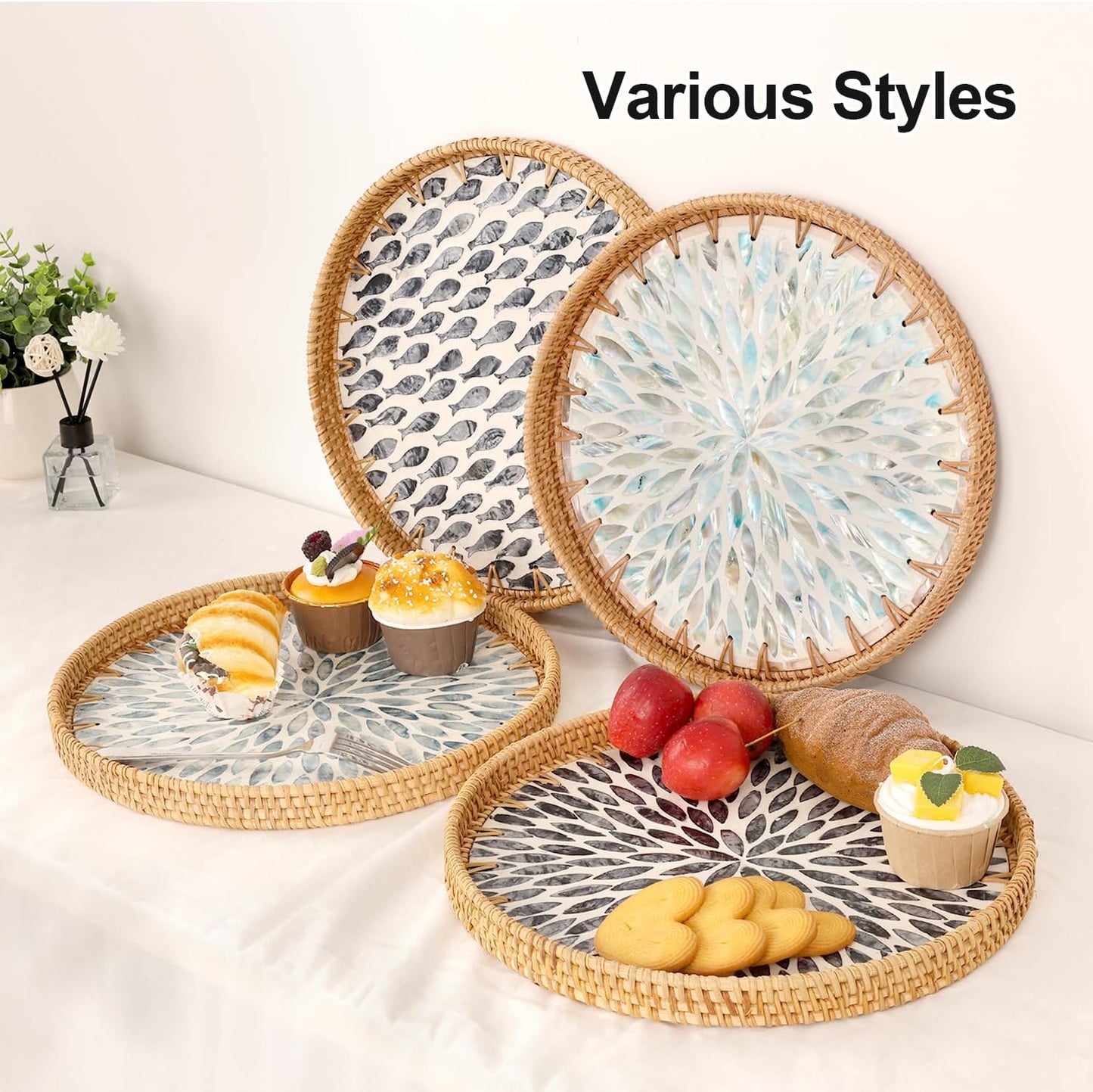Round Rattan Tray with Mother of Pearl Inlay, Rattan Serving Tray for Coffee, Bread, Fruits, Decorative Wicker Tray for Table Decor, Home Decor, Kitchen Island Decor(Black Checkerboard, 11.8")