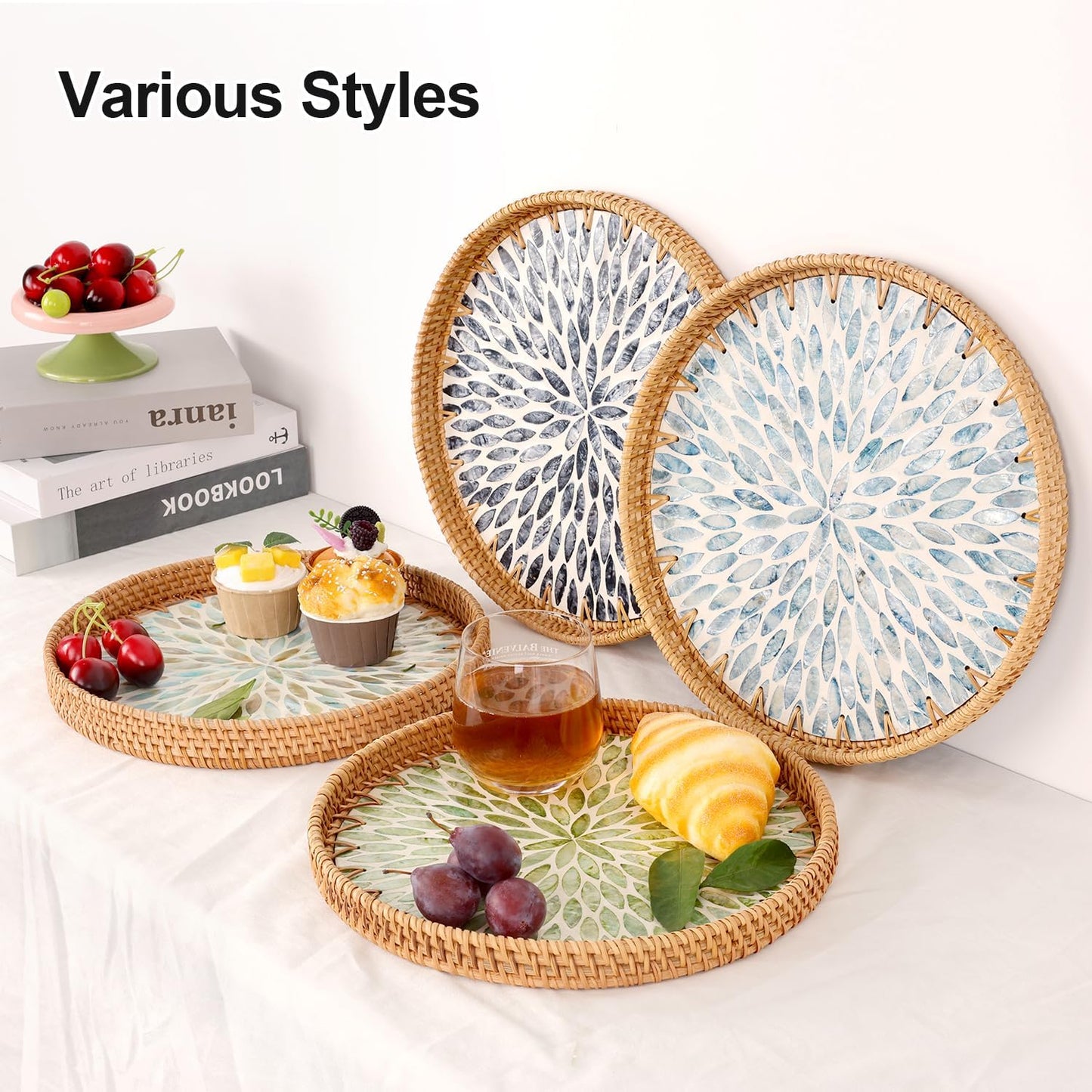 Round Rattan Tray with Mother of Pearl Inlay, Rattan Serving Tray for Coffee, Bread, Fruits, Decorative Wicker Tray for Table Decor, Home Decor, Kitchen Island Decor(Black Checkerboard, 11.8")