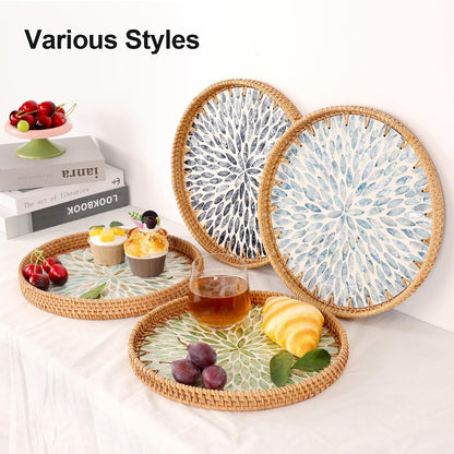 Round Rattan Tray with Mother of Pearl Inlay, Rattan Serving Tray for Coffee, Bread, Fruits, Decorative Wicker Tray for Table Decor, Home Decor, Kitchen Island Decor(Black Checkerboard, 11.8")