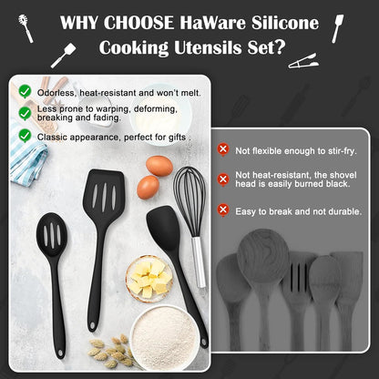 HaWare Kitchen Utensils, 14 PCS Silicone Cooking Utensils Set, Heat Resistant Kitchen Utensils for Non-stick Cookware, Kitchen Gadgets Tools with Spoons, Spatulas, Whisk, Dishwasher Safe (Black)