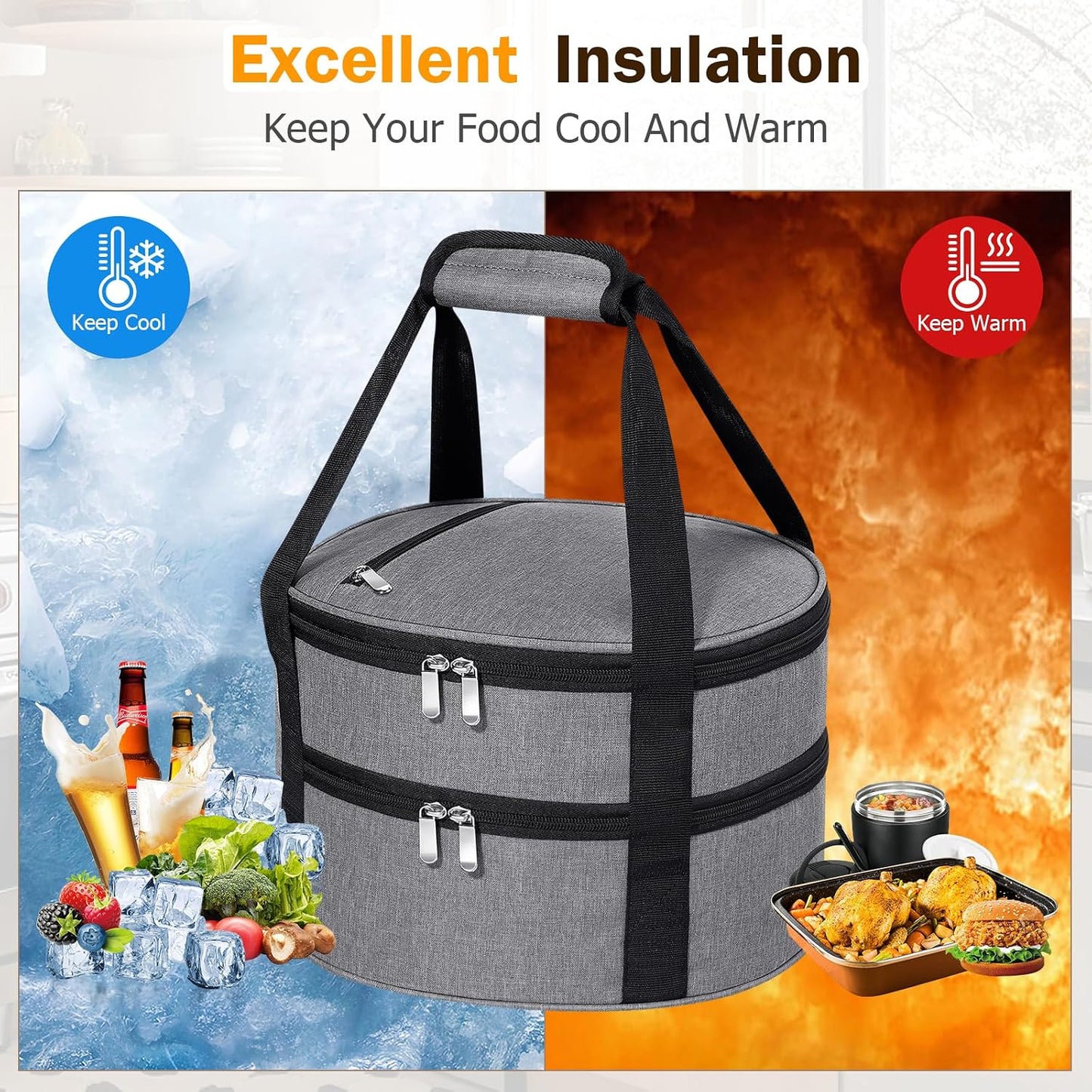 Round Insulated Casserole Carrier – 12" Portable Pie Carrier Bag for Hot or Cold Food, Leakproof Thermal Lunch Tote with Handle for Parties Picnic & Travel - Grey