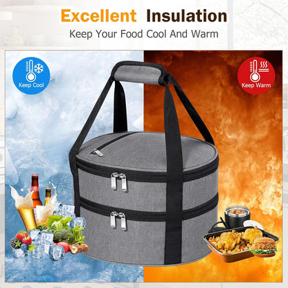Round Insulated Casserole Carrier – 12" Portable Pie Carrier Bag for Hot or Cold Food, Leakproof Thermal Lunch Tote with Handle for Parties Picnic & Travel - Grey