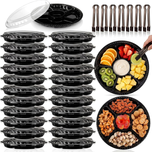 Rtteri 24 Pack 12.4 Inch Plastic Appetizer Trays with Lids and 8 Pack 6.3'' Black Serving Tongs 6 Sectional Round Plastic Serving Tray Disposable Compartment Platter for Party Fruit Snack Veggie