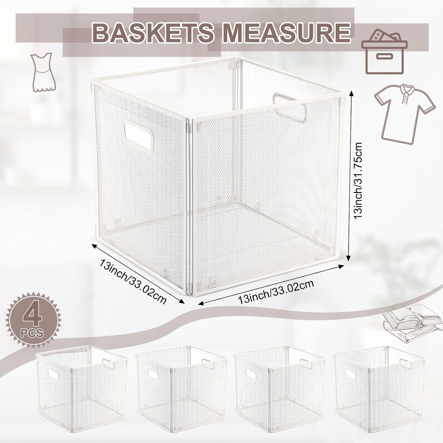 Funnymoom 2 Pcs Foldable Metal Wire Basket 13 x 13 Inch Black Cube Storage Bins Stackable Wire Laundry Baskets Organizer with Handle for Shelves Pantry Cabinet File Graduation Gift