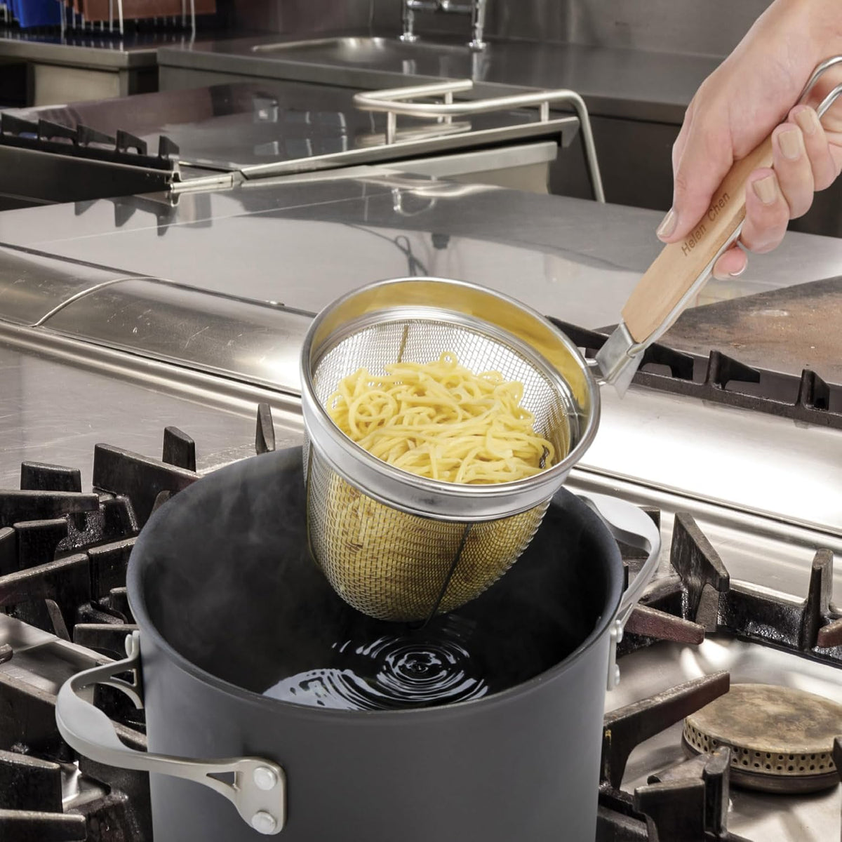 Helen's Asian Kitchen Deep Spider Strainer, 6-Inch Stainless Steel Mesh Basket With Bamboo Handle, For Noodles, Dumplings, Wontons, Deep Frying, And Draining Tasks
