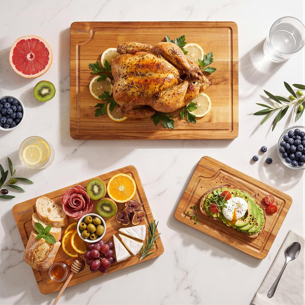 Teak Wood Cutting Board for Kitchen with Storage Stand, (Set of 3)