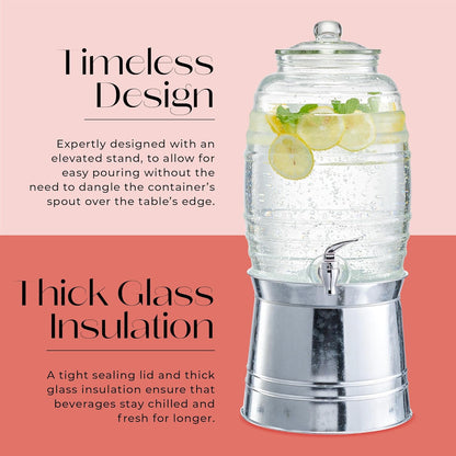 Style Setter Oak Grove Glass Beverage Dispenser with Stand - 2.5 Gallon Drink Dispenser with Galvanized Base & Leak-Proof Acrylic Spigot - Birthday, Wedding, Party Drink Dispenser with Stand