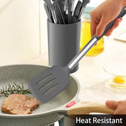 LIANYU 15 Pcs Kitchen Cooking Utensils Set with Holder, Silicone Kitchen Tools with Stainless Steel Handle, Heat Resistant Gadgets, Brush Spatula Spoon Whisk for Cookware, Dishwasher Safe, Khaki