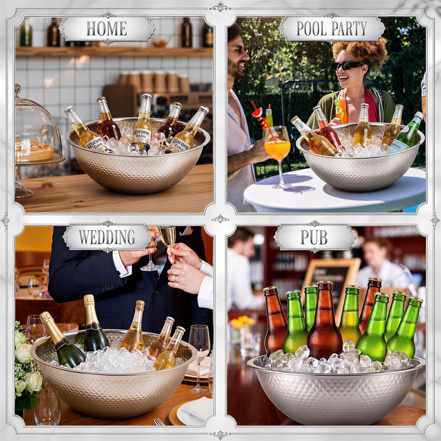 2 Pcs Large Gold Hammered Stainless Steel Beverage Tub 15.35x5.12 Inch, 16.4 Qt Leak-proof Ice Bucket for Parties, Champagne Wine Chiller Bowl, Luxury Drink Cooler for Wedding, Mimosa Bar