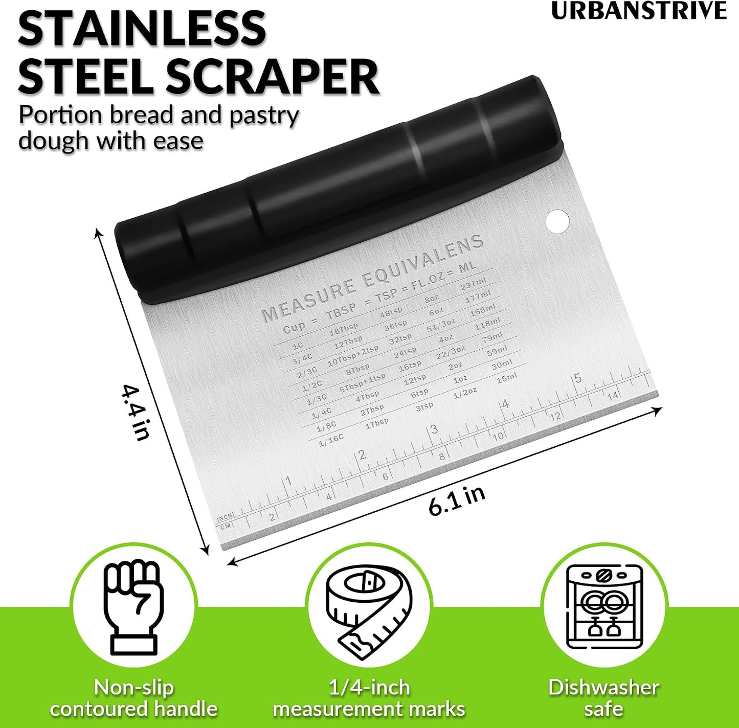 Urbanstrive Bench Scraper for Baking, Stainless Steel Dough Cutter and Scraper Tool Kitchen, Kitchen Scraper Food Scraper Tool Pizza Cutter Food Chopper, Multi-Purpose Kitchen Gadgets, Black