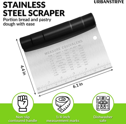 Urbanstrive Bench Scraper for Baking, Stainless Steel Dough Cutter and Scraper Tool Kitchen, Kitchen Scraper Food Scraper Tool Pizza Cutter Food Chopper, Multi-Purpose Kitchen Gadgets, Black