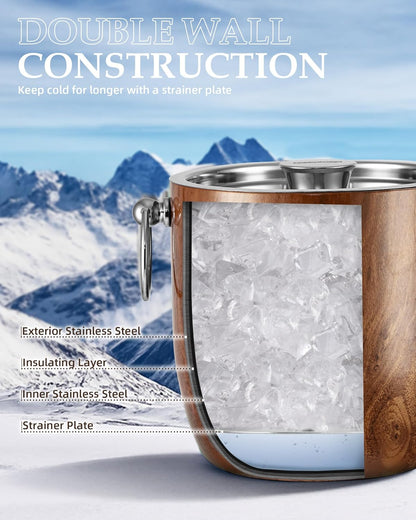 Insulated Ice Bucket, 3L Double Wall Stainless Steel Ice Bucket with Tongs,Lid, Scoop and Strainer, Ice Buckets for Parties,Cocktail Bars, Chilling Beer, Champagne, Wine Bottles