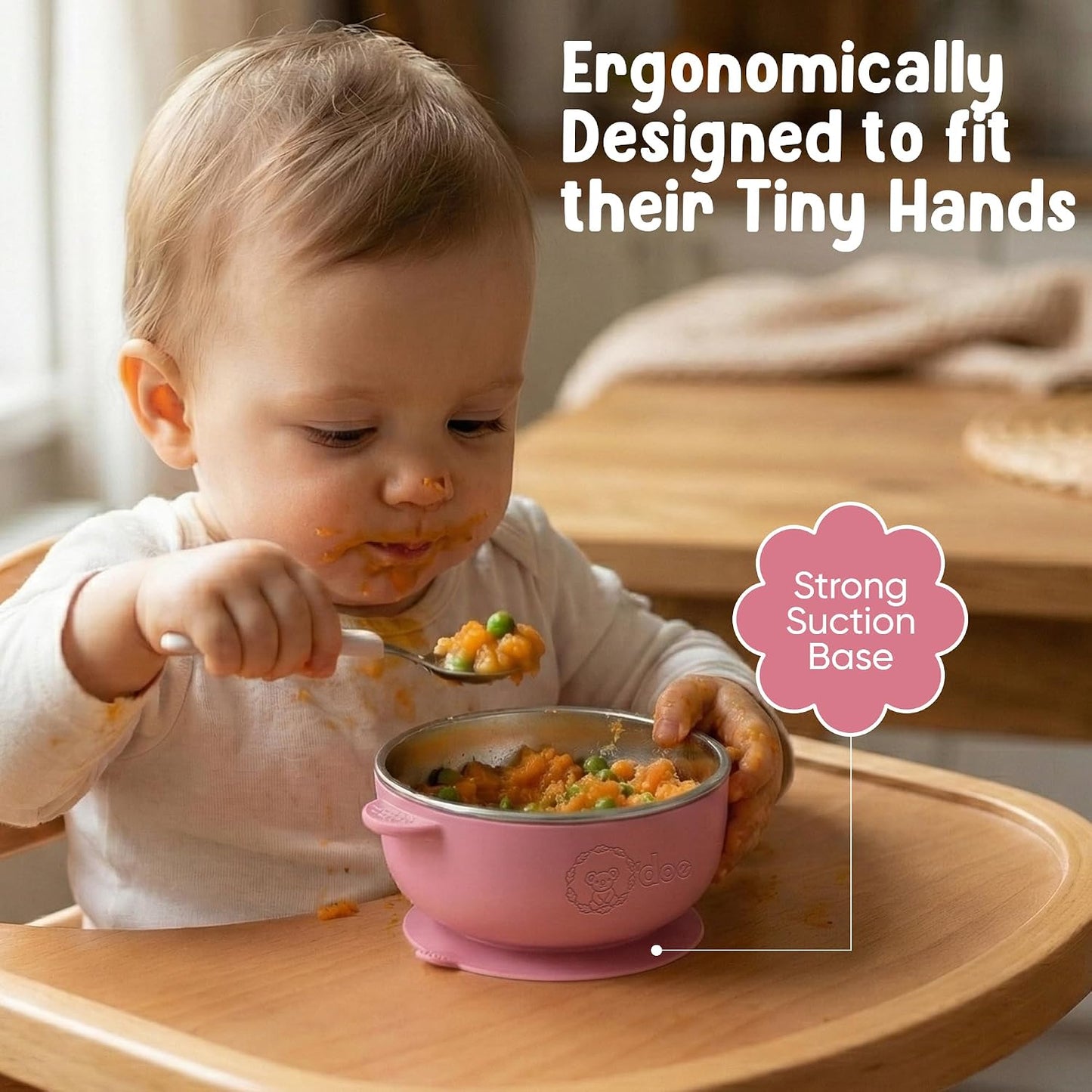 o'doe Suction Bowls for Baby - Non-Toxic Stainless Steel Baby Bowls 5" with Non-Slip Removable Silicone Shell - BPA-Free Toddler Bowls (Green + Rose + Beige)