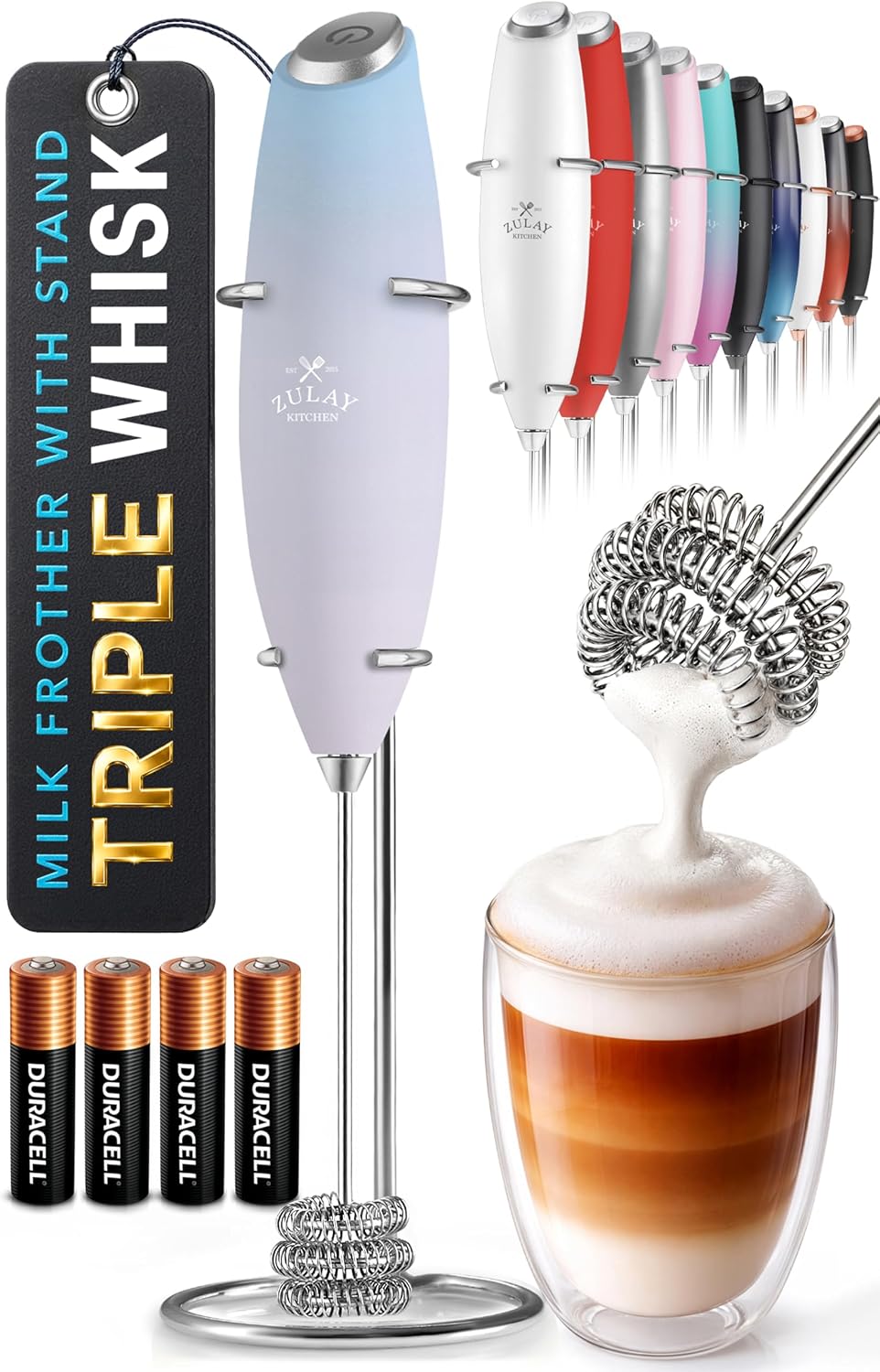 Zulay Kitchen Rechargeable Milk Frother Handheld - Frother Wand, Drink Mixer, Electric Whisk Frother, for Cappuccinos, Matcha & Protein Powder - Dynamic 3 Whisk, 3 Speed 500mAh Black - Colors B