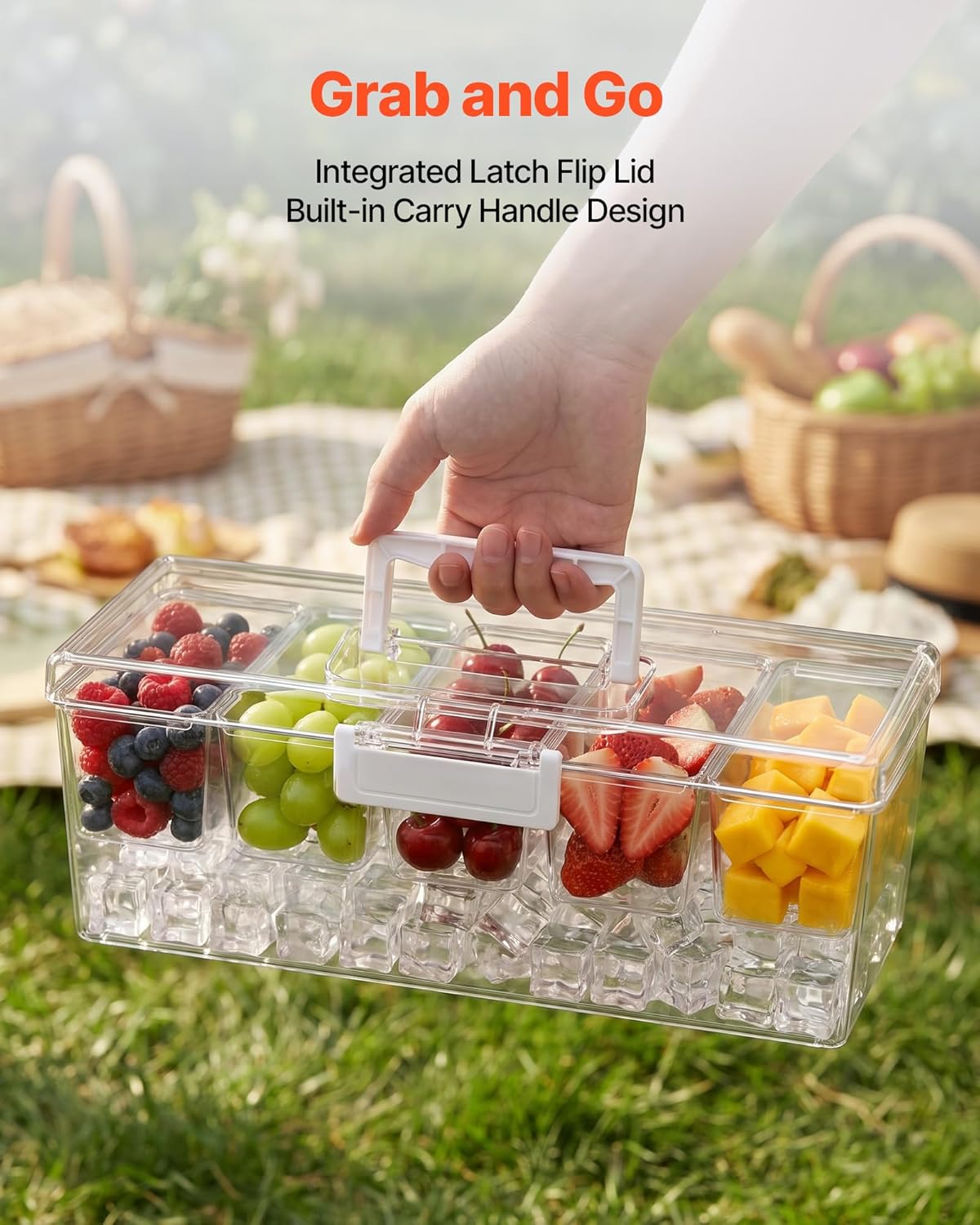 VEVOR Chilled Condiment Server Caddy, 5 Compartment Ice Cooled Serving Container, Plastic Fruit Garnish Tray Platter with Lid, for Taco Salad Bar Accessories, Party Home Restaurant Supplies