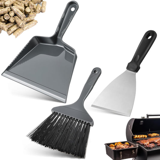 3 Piece Pellet Grill Ash Cleaning Kit, Includes Large Dust Pan, Soft Bristle Brush and Metal Scraper for Easy Removal of Ash, Debris and Grime