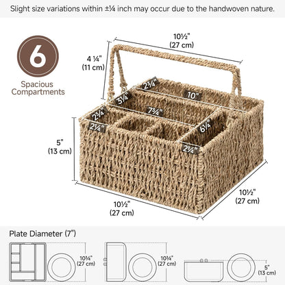 StorageWorks Wicker Silverware Organizer with Handle, Seagrass Kitchen Utensil Holder, Large Utensil Holder for Kitchen Counter, Spoon Forks Knife Cutlery Caddy, Paper Plate Dispenser for Countertop