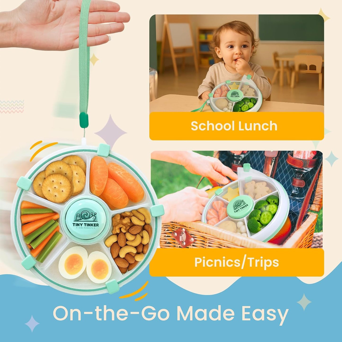 Snack Container for Toddlers with Lid, 5-Compartment BPA-Free Toddler Snack Spinner – Non Toxic, Leak-Proof, Easy Open, Dishwasher Safe Travel Snack Box for Toddlers (Mint Green)