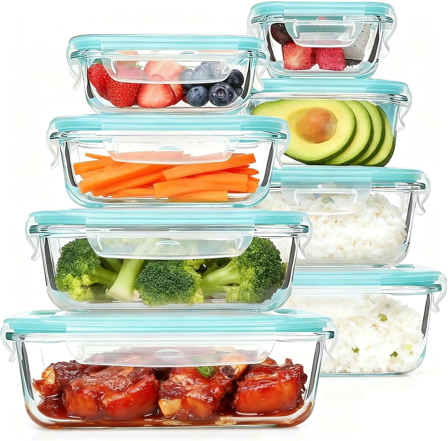 UNITED FLAMES 8-Piece Glass Food Storage Containers with Airtight Lids - High Borosilicate Glass Meal Prep Set - Oven, Microwave, & Freezer Safe - Leak-Proof Lunch Boxes for Kitchen, Office & Pantry